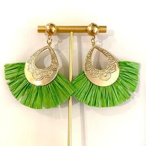 Green Raffia Teardrop Drop Gold  Earrings